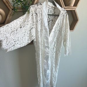 Womens white lace silk bridal robe